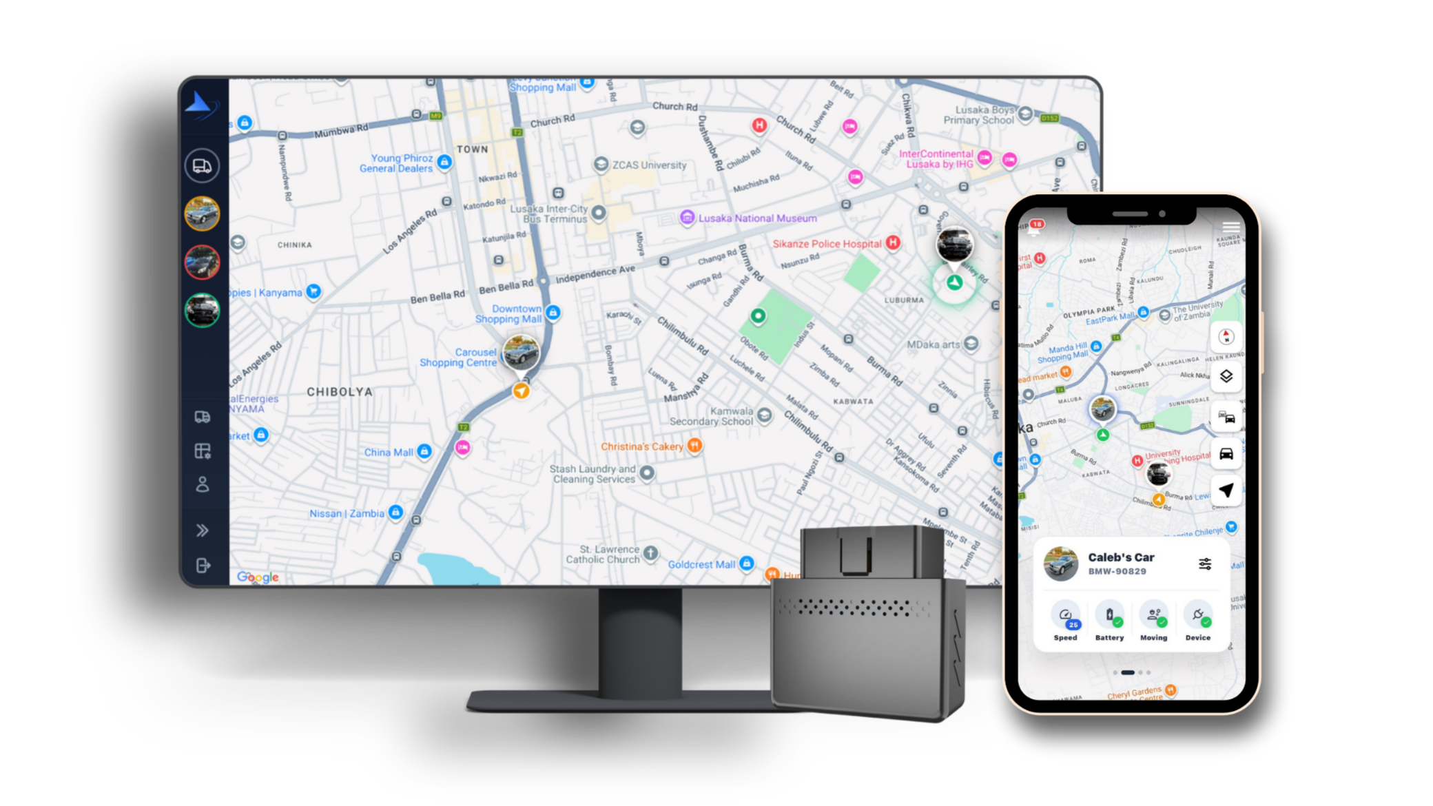 Navixa OBD GPS vehicle tracking kit for Zambia — plug-and-play device with live map, trips and alerts