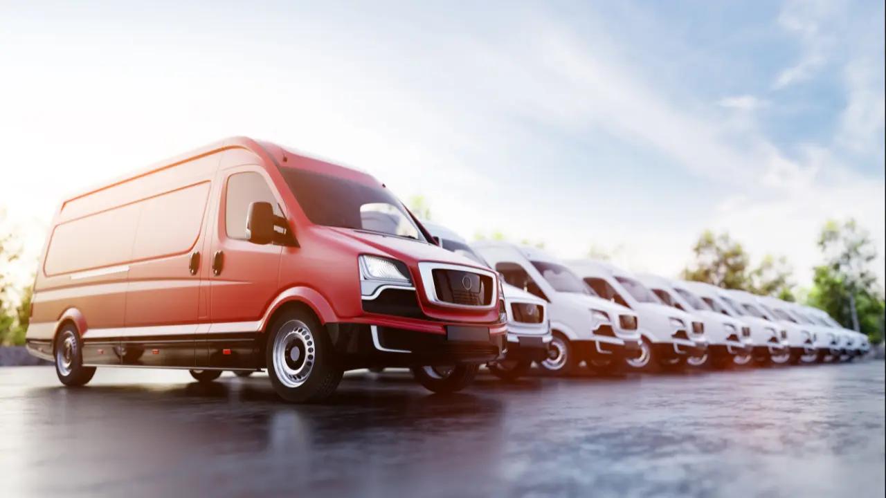 A fleet of vans lined up in warm evening light