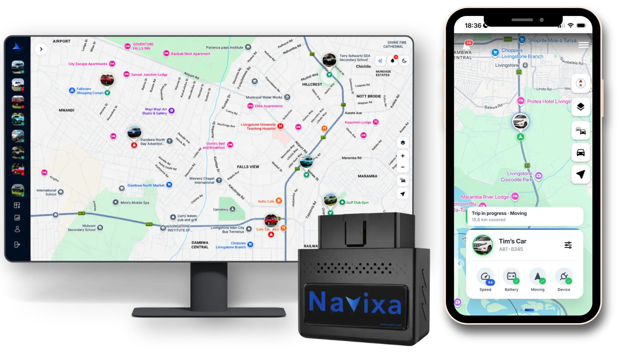 Navixa fleet map on a desktop and phone alongside its OBD2 tracking device