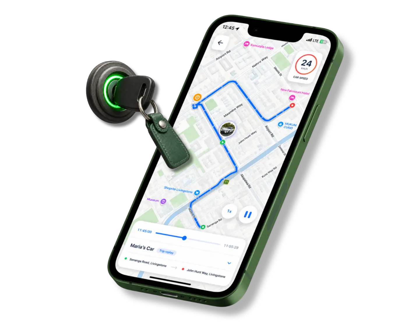Trip replay: route on the map with play, pause, speed controls and progress